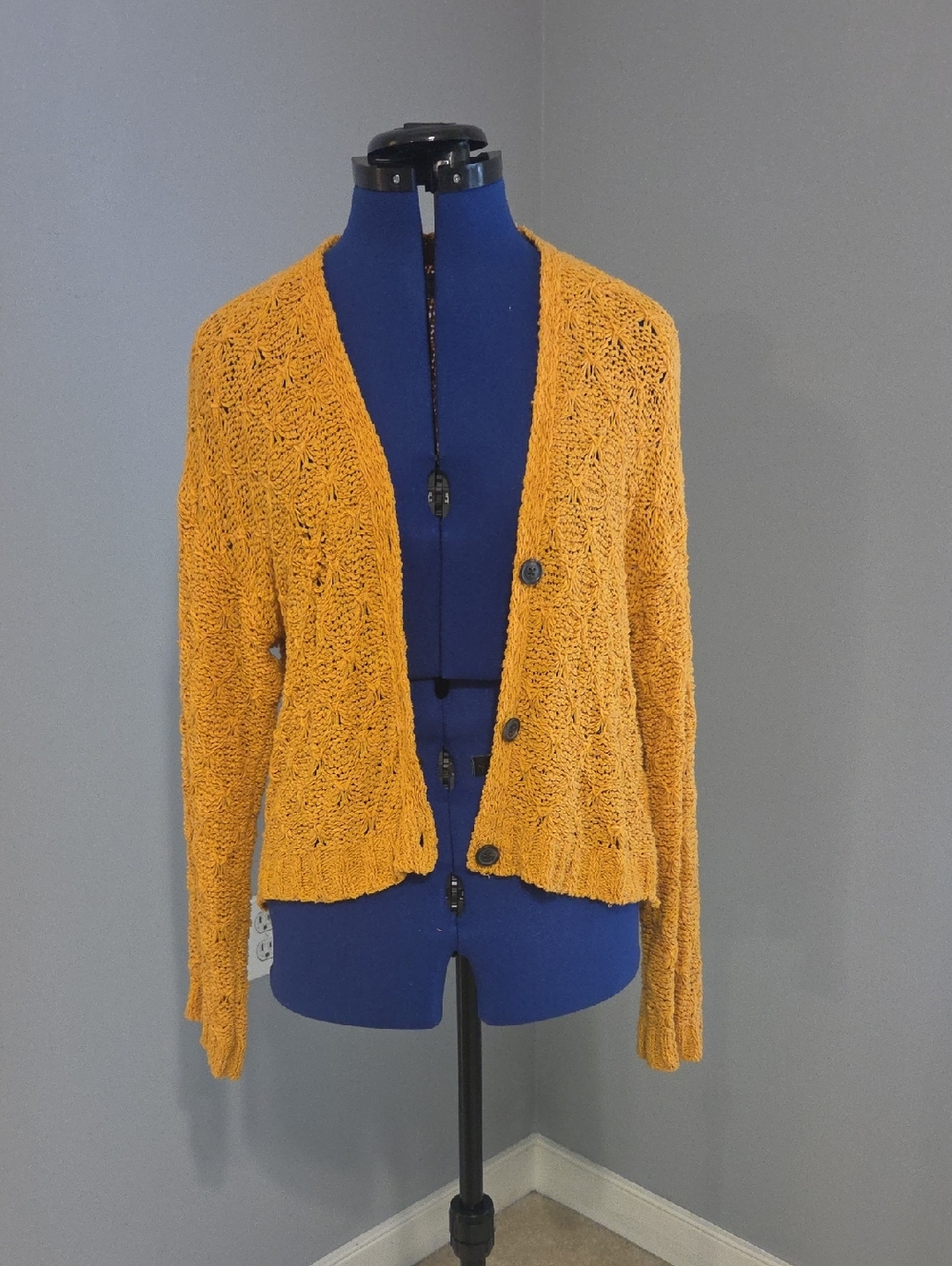American Eagle Outfitters Mustard Open-Knit Button Cardigan